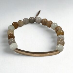 Neutral Gemstone Beaded Stretch Bracelet with Gold Bar Accent & Charm